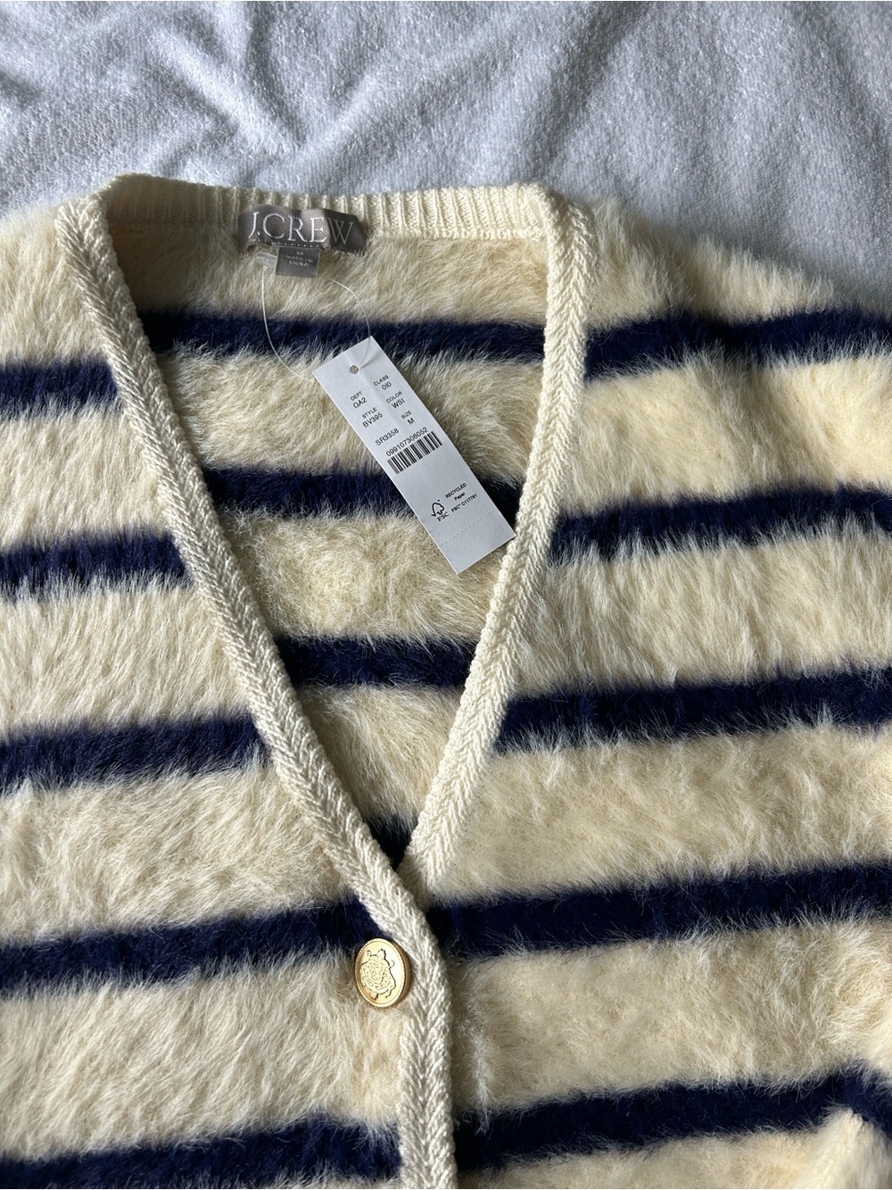 J. Crew Cream and Navy Striped Fuzzy V-Neck Cardigan